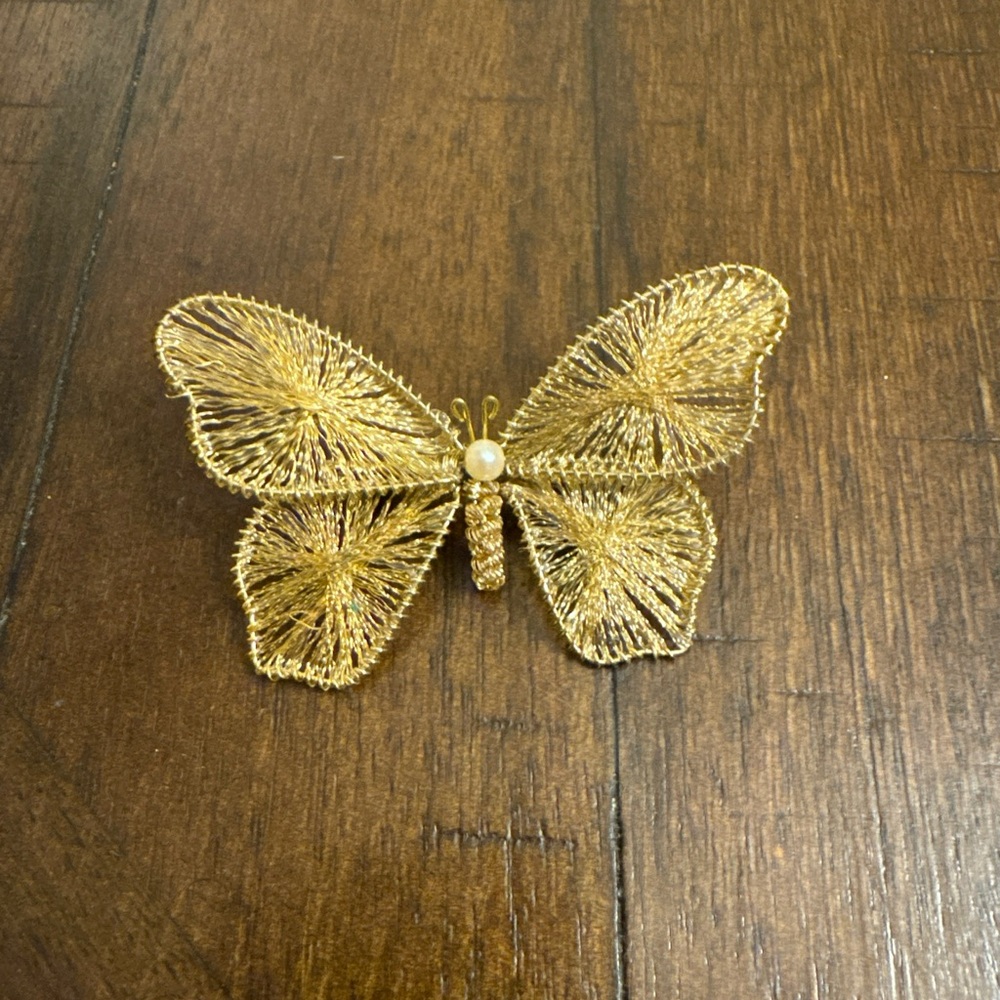 Handmade Butterfly Pin Brooch / Wings of Gold Thread 2.5”x1.5”